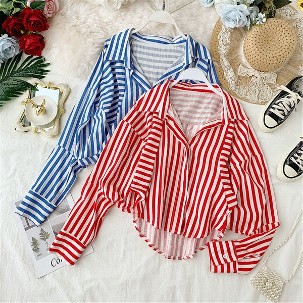 Cămașă cu dungi de damă în roșu și albastru