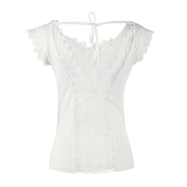 Modern női felső V-nyakkal és csipkével, fehér és fekete színben