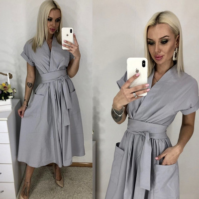 Rochie moderna de dama cu maneci scurte si cravate in mai multe culori