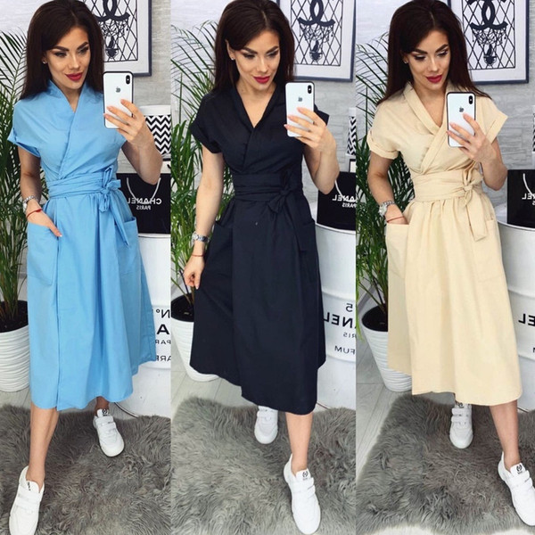 Modern női ruha rövid ujjú, nyakkendővel több színben