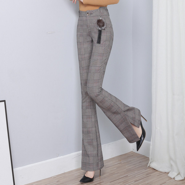 Кариран дамски панталон в сив цвят-с висока талия