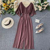 Μοντέρνες γυναικείες ολόσωμες φόρμες με V-λαιμό σε μοβ χρώμα