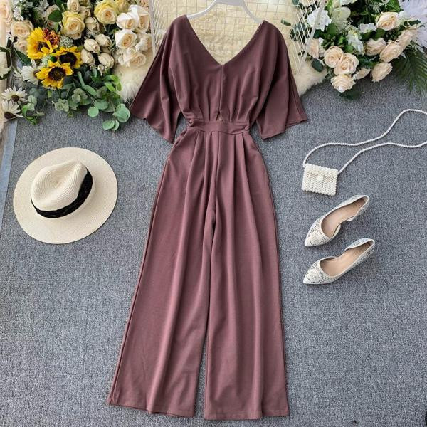 Μοντέρνες γυναικείες ολόσωμες φόρμες με V-λαιμό σε μοβ χρώμα