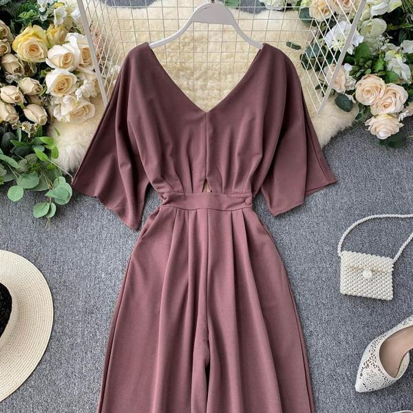 Μοντέρνες γυναικείες ολόσωμες φόρμες με V-λαιμό σε μοβ χρώμα