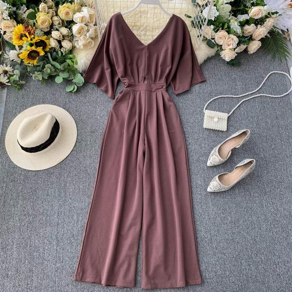 Μοντέρνες γυναικείες ολόσωμες φόρμες με V-λαιμό σε μοβ χρώμα