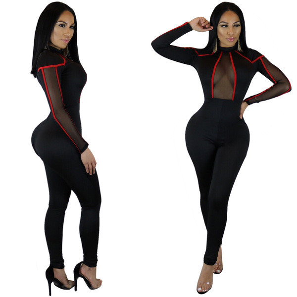 Salopetă de damă modernă cu mâneci lungi și guler înalt de culoare neagră