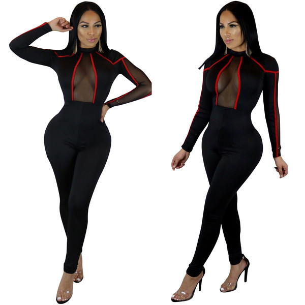 Salopetă de damă modernă cu mâneci lungi și guler înalt de culoare neagră