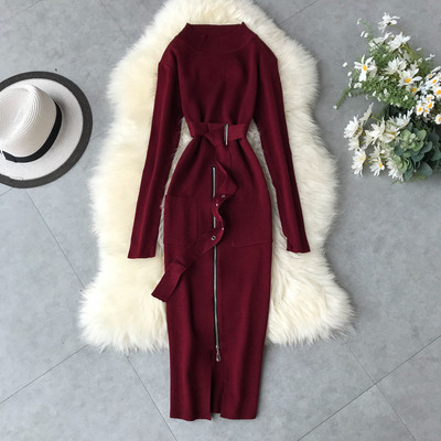 Rochie moderna de dama cu fermoar si curea in mai multe culori