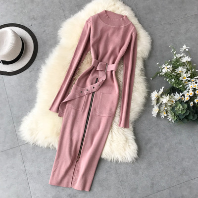 Rochie moderna de dama cu fermoar si curea in mai multe culori