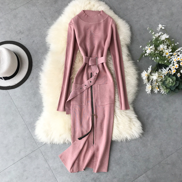 Rochie moderna de dama cu fermoar si curea in mai multe culori