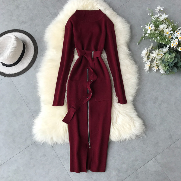 Rochie moderna de dama cu fermoar si curea in mai multe culori