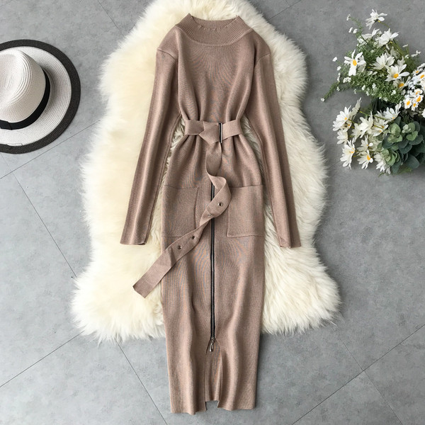 Rochie moderna de dama cu fermoar si curea in mai multe culori