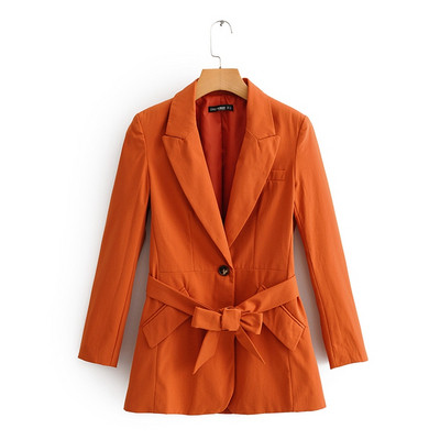 Дамско сако с дълъг ръкав и връзки на талията в кафяв цвят