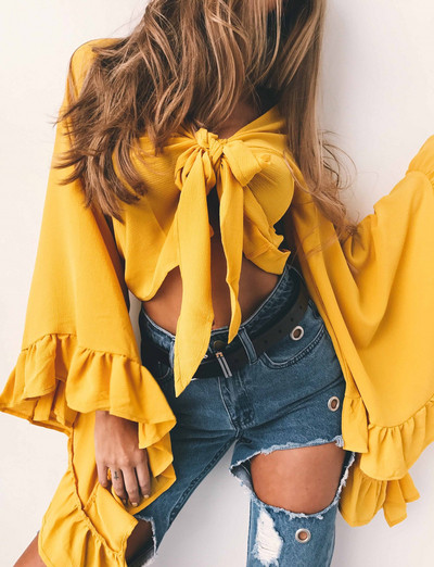 Bluză de damă modernă cu cravate și mâneci largi în patru culori