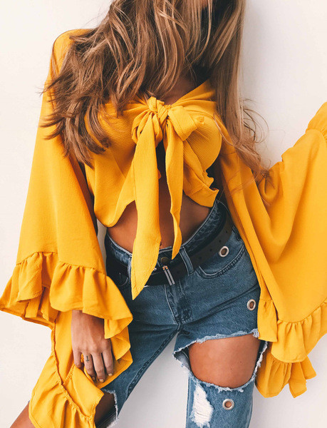 Bluză de damă modernă cu cravate și mâneci largi în patru culori