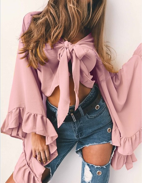 Bluză de damă modernă cu cravate și mâneci largi în patru culori