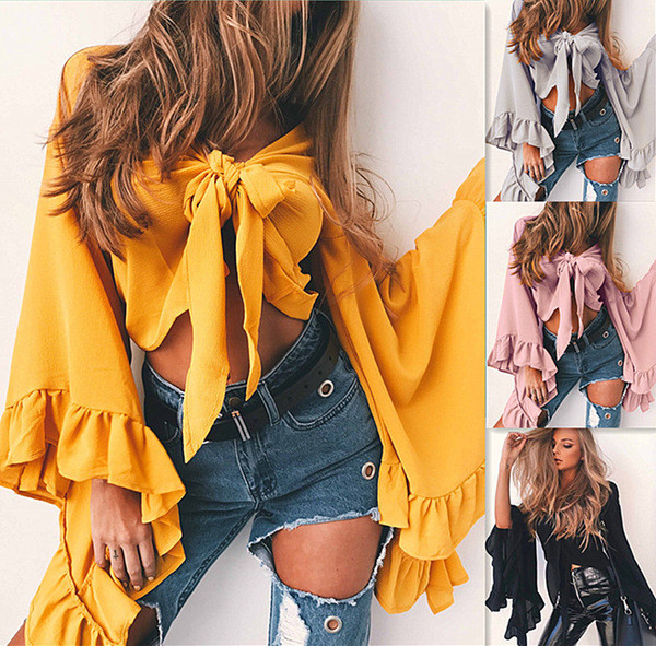 Bluză de damă modernă cu cravate și mâneci largi în patru culori