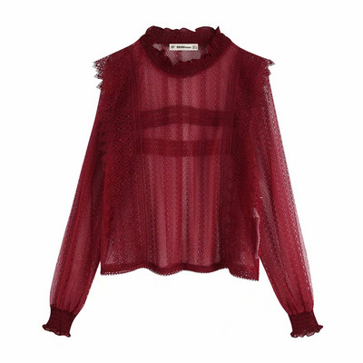 Bluză de damă din tul transparent cu dantelă și mâneci lungi