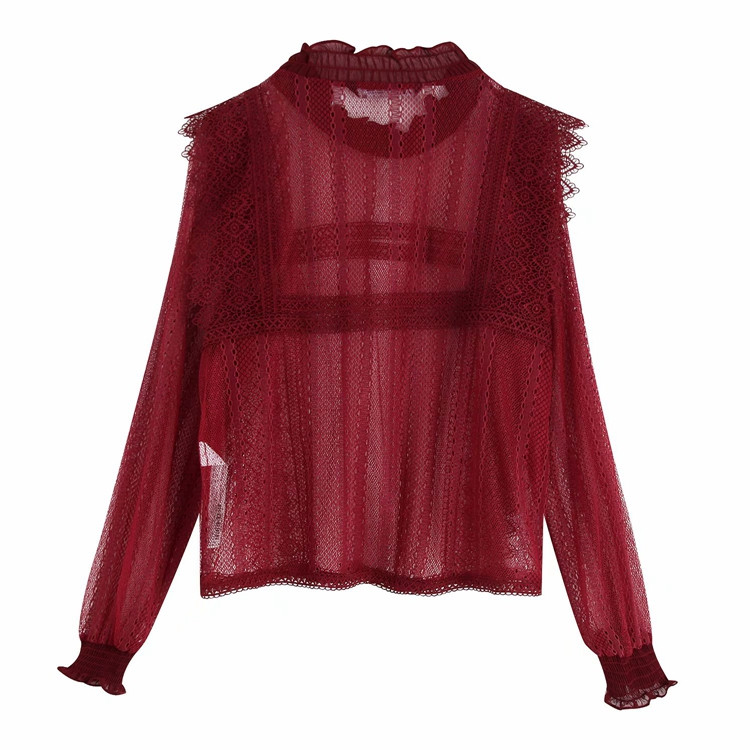 Bluză de damă din tul transparent cu dantelă și mâneci lungi