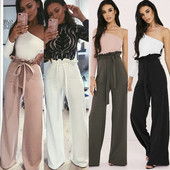 Модерен дамски панталон с висока талия и връзки в четири цвята