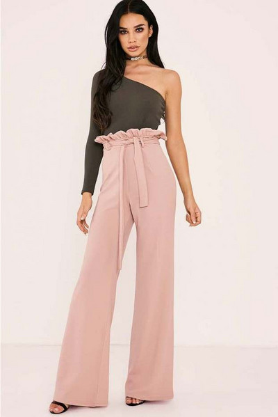 Модерен дамски панталон с висока талия и връзки в четири цвята