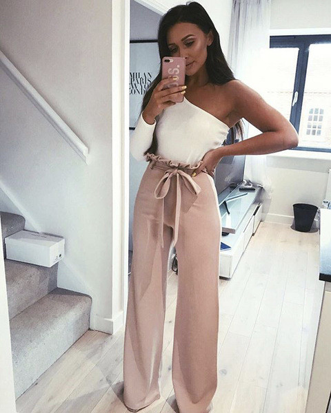 Модерен дамски панталон с висока талия и връзки в четири цвята 