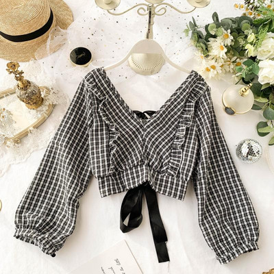 Καρό γυναικεία μπλούζα με κορδόνια στη πλάτη σε διάφορα χρώματα