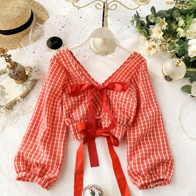 Καρό γυναικεία μπλούζα με κορδόνια στη πλάτη σε διάφορα χρώματα