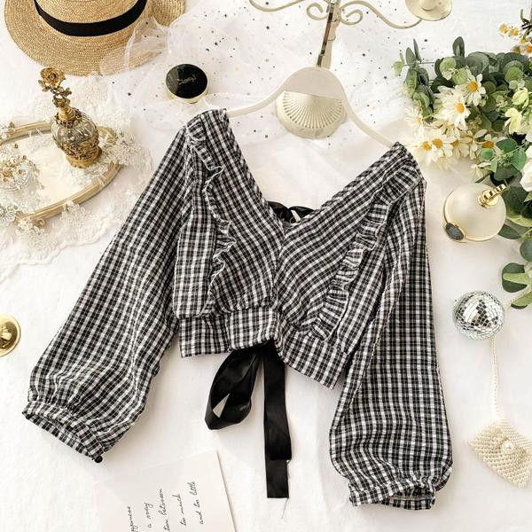 Καρό γυναικεία μπλούζα με κορδόνια στη πλάτη σε διάφορα χρώματα