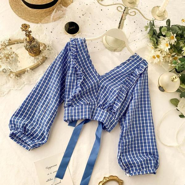 Καρό γυναικεία μπλούζα με κορδόνια στη πλάτη σε διάφορα χρώματα