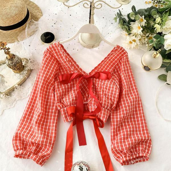 Καρό γυναικεία μπλούζα με κορδόνια στη πλάτη σε διάφορα χρώματα