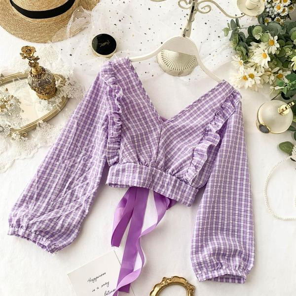 Καρό γυναικεία μπλούζα με κορδόνια στη πλάτη σε διάφορα χρώματα