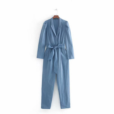 Μακρύγυναικεία ολόσωμη φόρμα με βαθύ λαιμόκοψη σε μπλε χρώμα