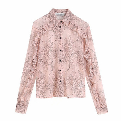 Διαφανές γυναικείο πουκάμισο με  δαντέλα με κλασικό γιακά και κουμπιά