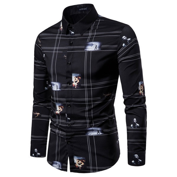 Cămașă pentru bărbați cu mâneci lungi și guler clasic alb-negru