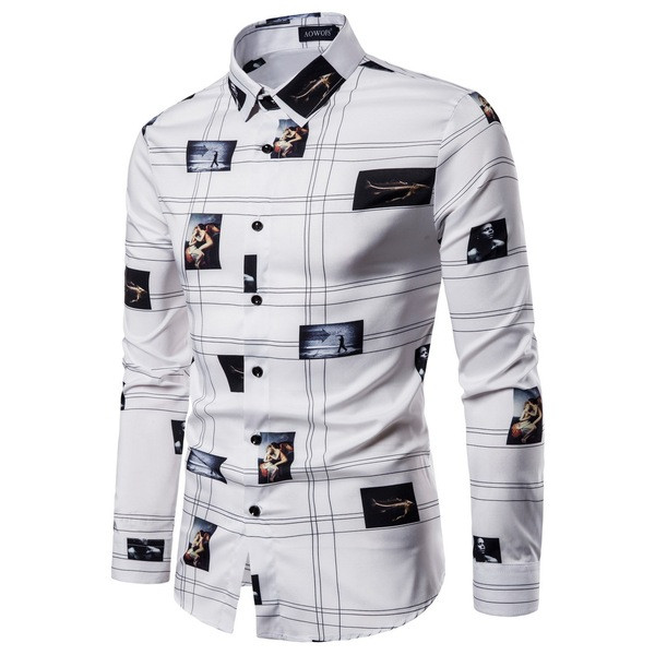 Cămașă pentru bărbați cu mâneci lungi și guler clasic alb-negru