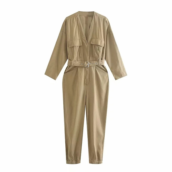 Μοντέρνα γυναικεία ολόσωμη φόρμα  σε καφέ χρώμα με ζώνη και τσέπες