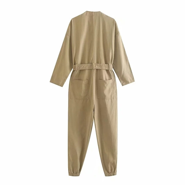 Μοντέρνα γυναικεία ολόσωμη φόρμα  σε καφέ χρώμα με ζώνη και τσέπες