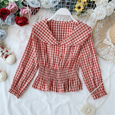 Καρό γυναικεία μπλούζα με ελαστική μέση σε διάφορα χρώματα