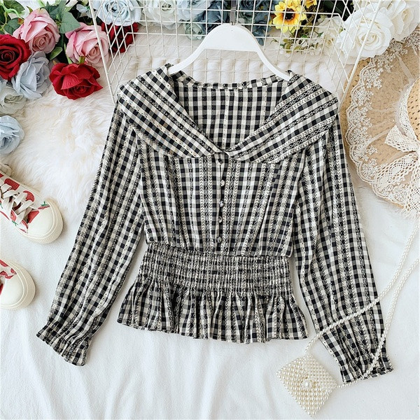 Καρό γυναικεία μπλούζα με ελαστική μέση σε διάφορα χρώματα