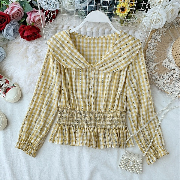 Καρό γυναικεία μπλούζα με ελαστική μέση σε διάφορα χρώματα