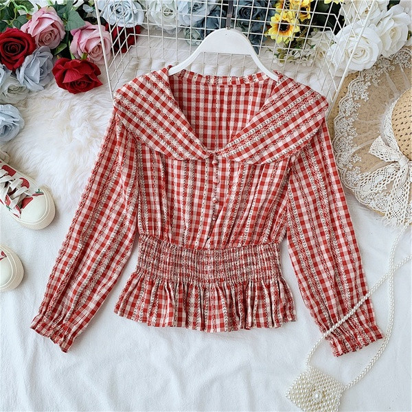 Καρό γυναικεία μπλούζα με ελαστική μέση σε διάφορα χρώματα