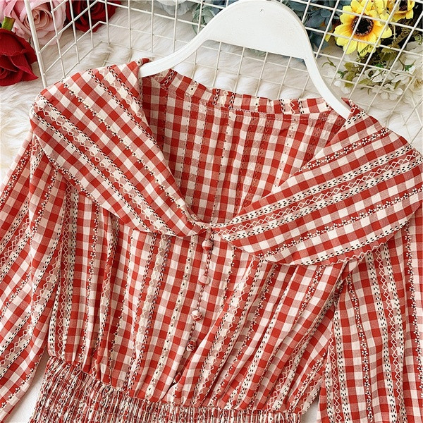 Καρό γυναικεία μπλούζα με ελαστική μέση σε διάφορα χρώματα