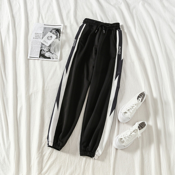 Pantaloni casual dama cu elastic in alb si negru