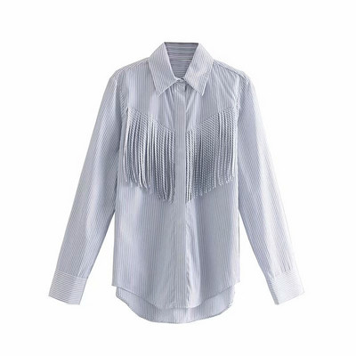 Cămașă de damă în dungi, cu guler și franjuri clasice