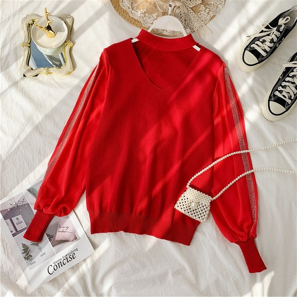 Μοντέρνο γυναικείο πουλόβερ  με διακοσμιτικές  πέτρες σε διάφορα χρώματα