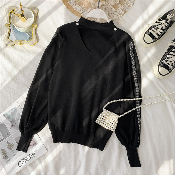 Μοντέρνο γυναικείο πουλόβερ  με διακοσμιτικές  πέτρες σε διάφορα χρώματα