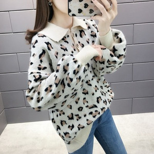 Pulover de iarnă de damă cu guler clasic și model animal