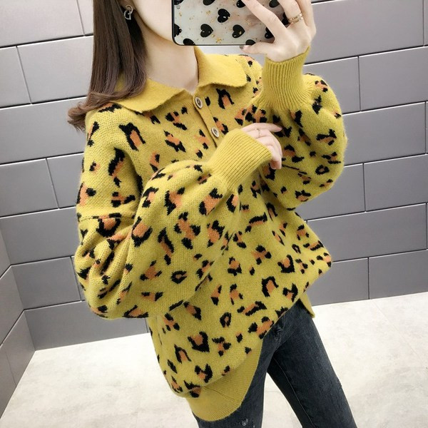 Pulover de iarnă de damă cu guler clasic și model animal