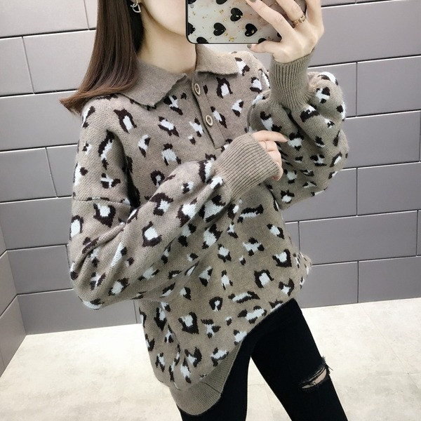 Pulover de iarnă de damă cu guler clasic și model animal